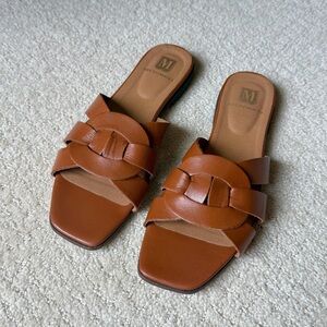 Bruno Magli Alessia Cognac Leather Braided Slide Sandals